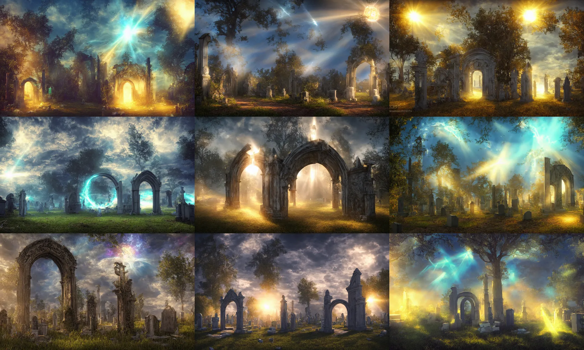 Prompt: photograph of a portal to bright heaven in a graveyard graveyard, cinematic, tyndall effect, sunlight, god rays, hypermaximalist, detailed, landscape 4k, 8k, breathtaking stars, surrealism, distant, concept art, digital art, sharp focus, mystic hues, RTX, octane render, Trending on DeviantArt