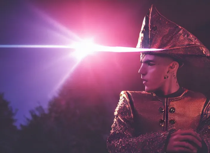 Prompt: closeup of a very very good looking detailed fantasy sorcerer wearing amazing clothes ejects a blast of magic energy from their hands!! dramatically on an empty moonlit hill, dramatic lighting, lens flare, 3 5 mm f 1. 4, professional photography, kodak ektar