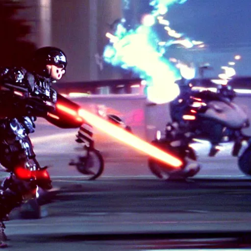 Image similar to film still from the 'Future Force' (1995). Exciting futuristic action scene with explosions and a motorcycle jumping a bridge. Sigma 85mm f/2.4