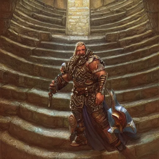 Prompt: The dwarven warrior cleric is standing on the stone spiral staircase and is confused, art by Donato Giancola and James Gurney, digital art, trending on artstation