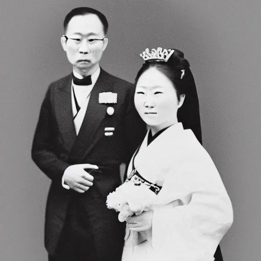 Prompt: A close up shot, colored black and white Russian and Japanese mix historical fantasy a photograph portrait taken at the empress and emperor's royal wedding breakfast, photographic portrait, warm lighting, 1907 photo from the official wedding photographer for the royal wedding.