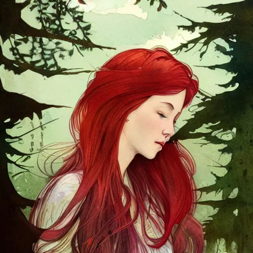 Image similar to side view a beautiful and inspiring intricate watercolor illustration artwork red hair italian girl in the forest, feeling the nature, eyes closed, 4 k, ultra - wide angle, by william turner, by victo ngai, by alphonse mucha, by miho hirano, hd, trending on artstation, hyper detailed, muted colors, inspiring, beautiful, energetic