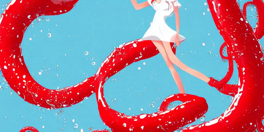 Image similar to a 2 meter woman white skin red dress standing in the middle of the image, gradient background, behance illustration, vector drawing, art by gibli studios, anime, tentacles wallpaper, sun, water splashed, high detailed, sharp focus, blue