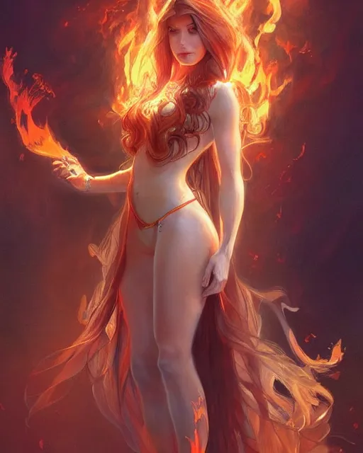 Image similar to beautiful long haired girl, fire dress, full body photo, flames everywhere, highly detailed, digital painting, artstation, concept art, smooth, sharp focus, illustration, art by artgerm and greg rutkowski and alphonse mucha