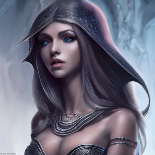 Image similar to Dark Elf, blonde hair, dark fantasy, feminine figure, gorgeous, pretty face, beautiful body, revealing outfit, high detail, realistic, cgsociety, artgerm, trending on artstation