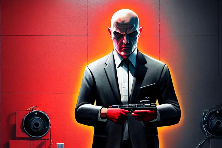 Image similar to an expressive portrait of agent 4 7 from hitman wearing headphones and holding a handgun in front of a wall of vinyl records, head being lit by red rim light, digital art, artstation, art by giger stalenhag