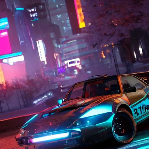 Image similar to promotional screenshot of forza horizon videogame set in a cyberpunk world