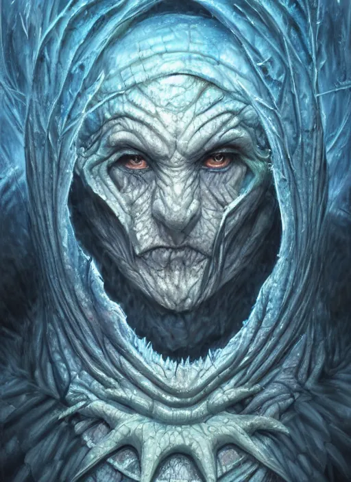 Image similar to frozen snow mf doom reptile eyes, blue frozen skin. intricate, elegant, highly detailed, centered, digital painting, artstation, concept art, smooth, sharp focus, illustration, artgerm, tomasz alen kopera, peter mohrbacher, donato giancola, joseph christian leyendecker, wlop, frank frazetta