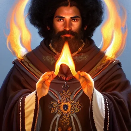 Image similar to perfectly-centered-Portrait of a black haired latino cleric druid, flame wielding, The Perfect Human male Specimen, intricate, elegant, super highly detailed, professional digital painting, artstation, concept art, smooth, sharp focus, no blur, no dof, extreme illustration, Unreal Engine 5, 8K, art by artgerm and greg rutkowski and alphonse mucha loish and WLOP