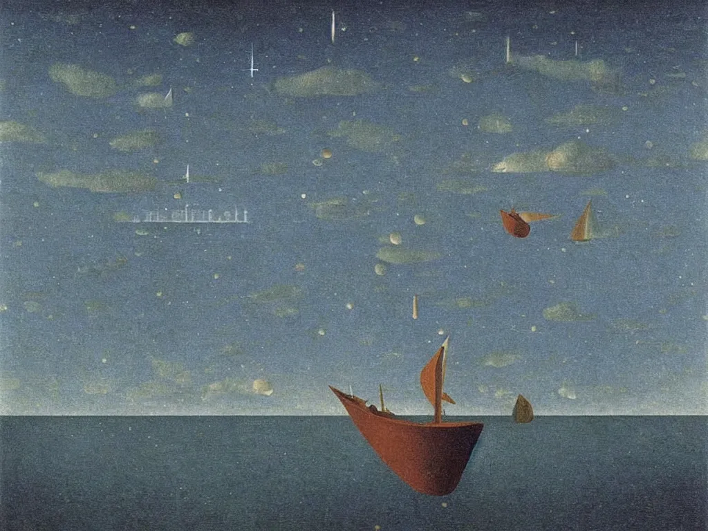 Image similar to wooden ship on the dark sea with meteor showers. painting by bosch, rene magritte
