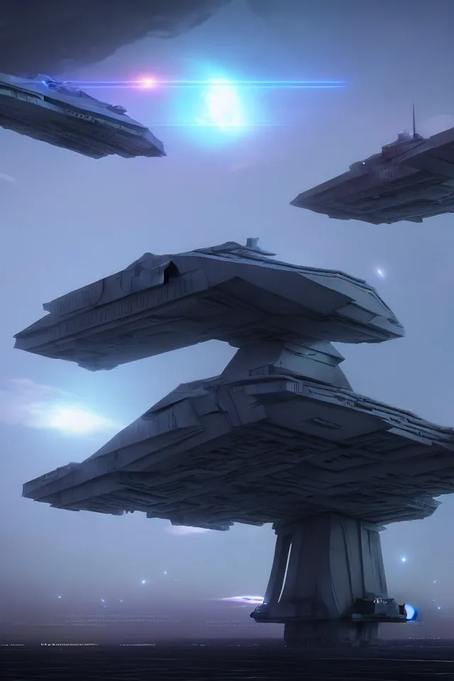 Prompt: cinematic scifi render of a 3 d sculpt of a gigantic huge cyberpunk john harris aircraft carrier megalithic tower structure city, beeple, star destroyer, halo, star wars, ilm, star citizen, halo, mass effect, high tech industrial, artstation unreal, dramatic powerful sky