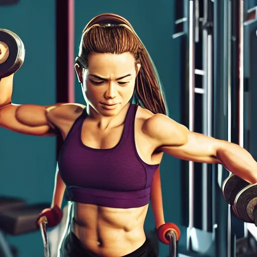 Image similar to still of woman working out, disney, comic book style, gym, highly detailed, 16k resolution, octane renderer, coherent