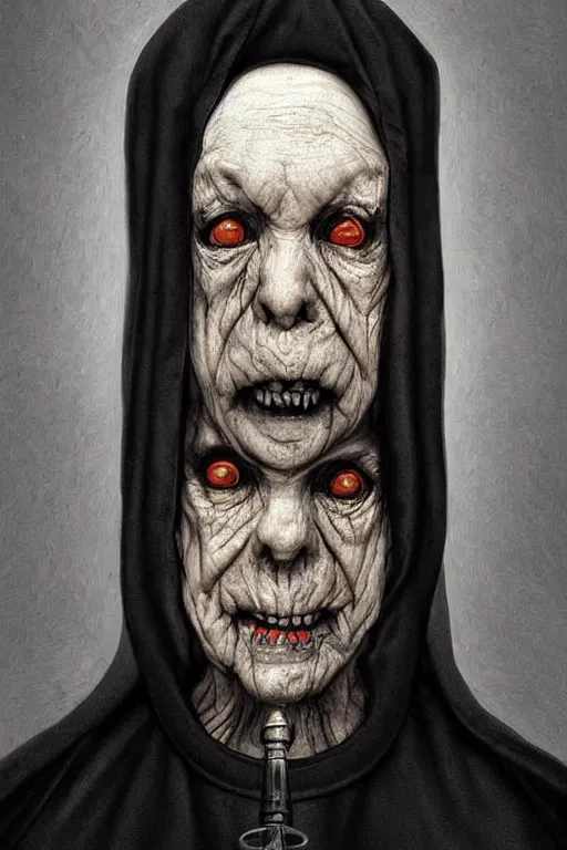 Prompt: fisheye portrait, digital painting, an evil old killer nun, realistic, hyperdetailed, spooky, concept art, art by rembrandt