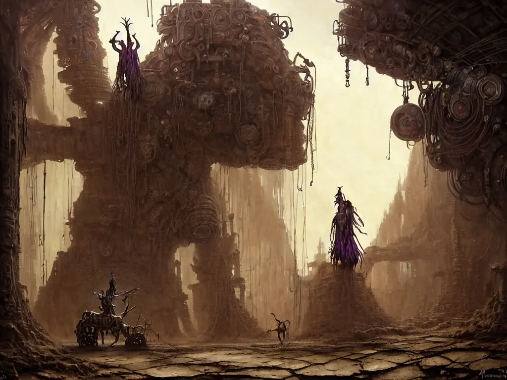 Prompt: A magical male-shaman in shamanistic robes performs a ritual to resurrect a mechanical horse inside a ancient steel ruins are covered with barchans of sand. Art by Finnian MacManus, Simon Stalenhag, Arthur Rackham. Masterpiece, fantasy art, cinematic, hyperdetailed, sigils, photorealistic, cyberpunk, postapocalyptic, steampunk, hyperrealism, octane render, 8k