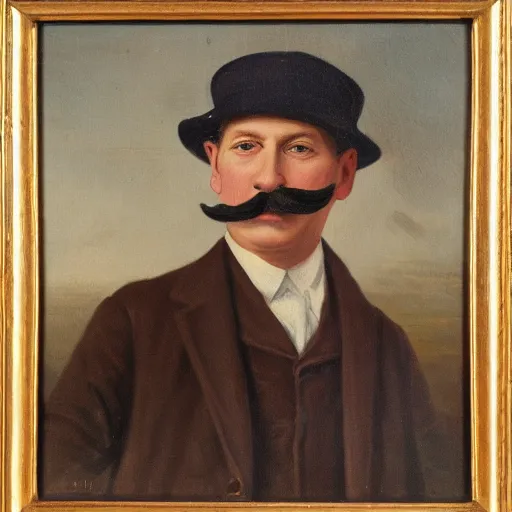 Image similar to portrait of a british man in a flat hat, a small mustache, and a nice brown suit, oil painting