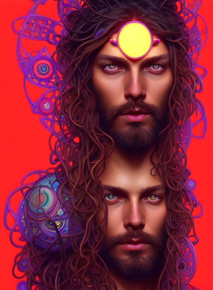 Image similar to symmetry!! portrait of a hippie man, boho outfit, neon glowing eyes!! ambient, intricate, elegant, highly detailed, digital painting, artstation, symmetric concept art, smooth, sharp focus, illustration, art by artgerm and greg rutkowski and alphonse mucha, 8 k