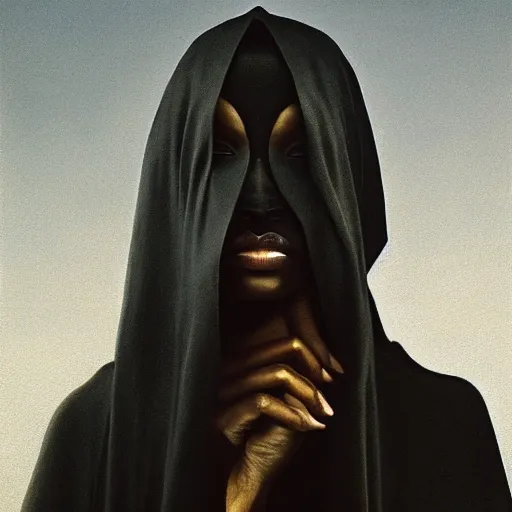 Image similar to a portrait of a young black woman wearing a long dark cloak, hood and shadows covering face, anatomically correct, beautiful perfect face, enigmatic, oil painting, matte painting, black background, Volumetric Golden dappled dynamic lighting, Highly Detailed, Cinematic Lighting, Unreal Engine, 8k, HD, by Beksinski