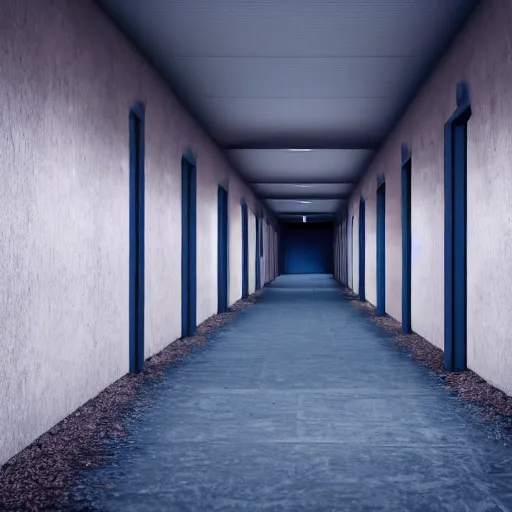 Image similar to long hallway with dirt on the ground and random doors and blue lights 4k, hd, photorealistic