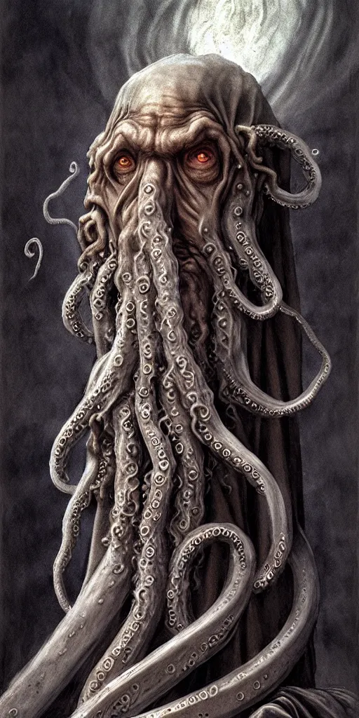 Image similar to a wizard that is slowly transforming into a tentacle monster, matte oil painting, by leonardo da vinci, concept art, d & d, robes, fantasy, fog, sharp focus, eldritch, award - winning, extremely detailed, 4 k, 8 k