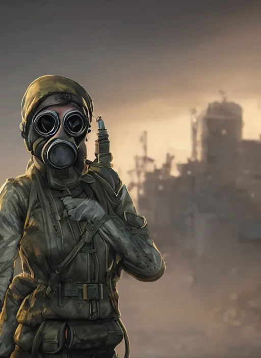 Image similar to A comic book style portrait painting of a female soldier wearing gasmask in a post apocalyptic setting, unreal 5, DAZ, hyperrealistic, octane render, RPG portrait, dynamic lighting
