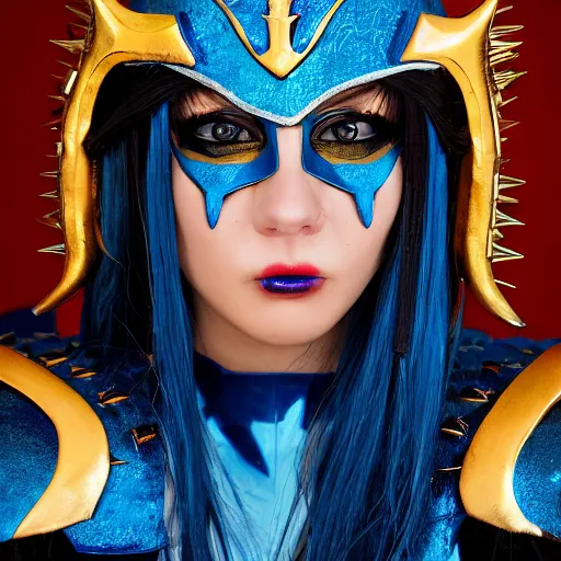 Image similar to close up headshot of a woman in elaborate blue and gold armor with spiked horns on her helmet, cosplay, photoshoot, photograph by Zhang Jingna