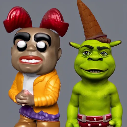 Image similar to 3D render vinyl Funko Pop Shrek figures with clown makeup, realism, 8K, RTX