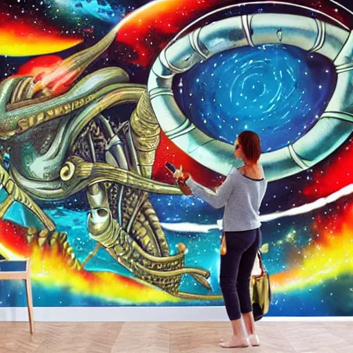 Image similar to aliens standard in an integalactic space port while viewing a large mural about humans