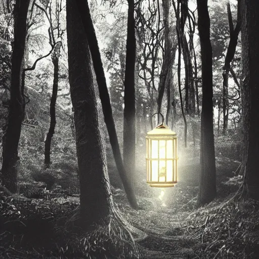 Image similar to in a dark forest, a small girl with a lantern finds a path leading to a strange castle.