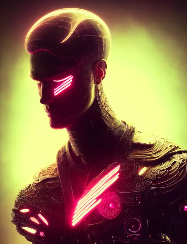 Image similar to portrait of male humanoid, intricate, masculine, cyber neon lighting, highly detailed, digital photography, artstation, stylish pose, concept art, smooth, sharp focus, illustration, art by artgerm and greg rutkowski