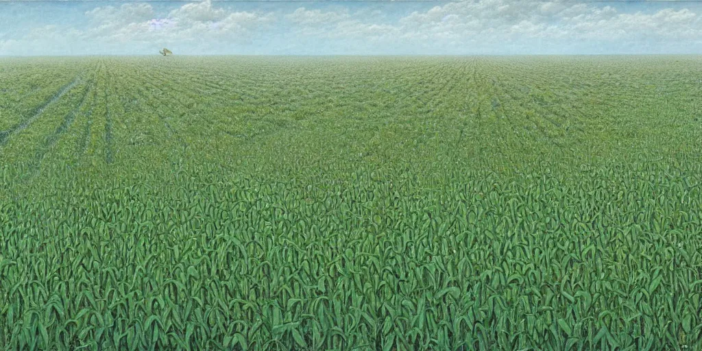 Image similar to Artwork by John Howe of the cinematic view of an insect-covered field of crops