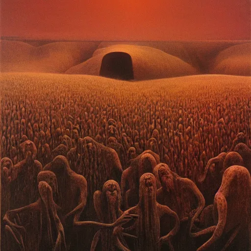 Prompt: poor harvest by Zdzisław Beksiński, oil on canvas