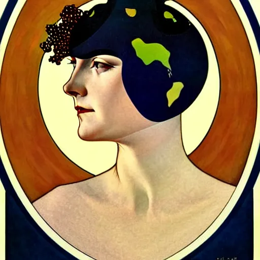 Image similar to Art in the style of Coles Phillips, Gaia, Mother Earth, side portrait, Mucha, Georgia O'Keeffe