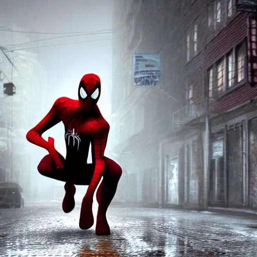 Image similar to long shot photo of spiderman in silent hill streets, highly detailed, 8 k