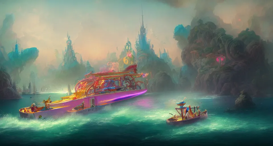 Image similar to an amusement park boat ride with pastel colors by peter mohrbacher, vivid colors, matte painting, 8K, concept art, mystical color scheme, trending on artstation