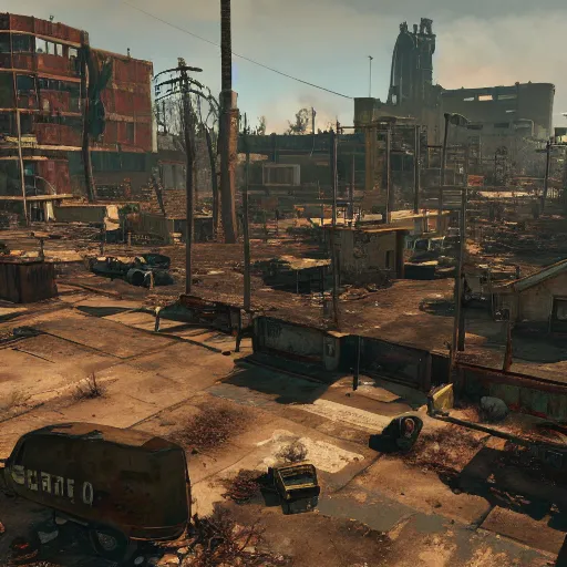 Image similar to Albuquerque, New Mexico in ruins post-nuclear war in Fallout 4, in game screenshot