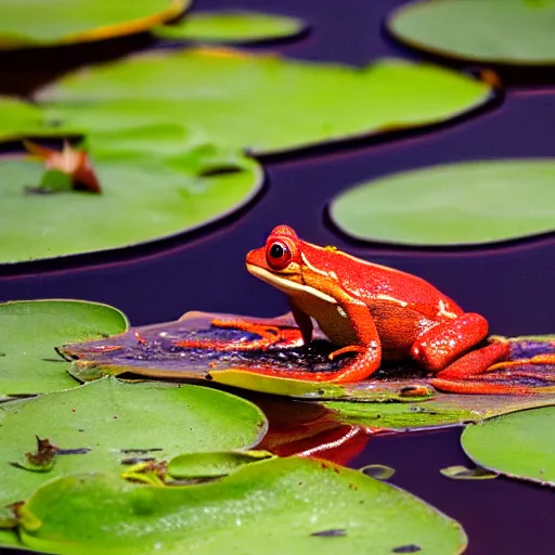 Image similar to photograph of a red frog on a lily pad in a swamp