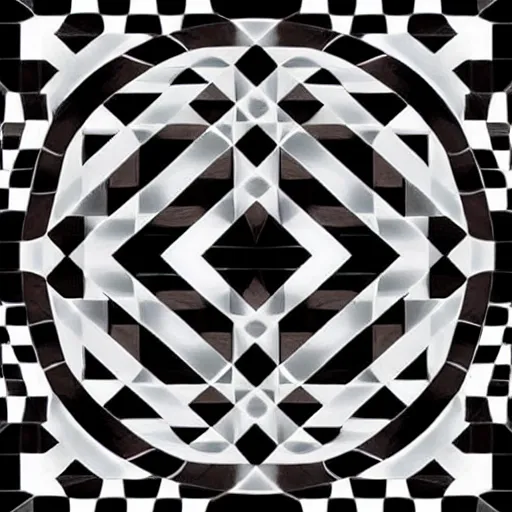 Prompt: shiny black and whit checker floor interior in the style of escher!!!!!!
