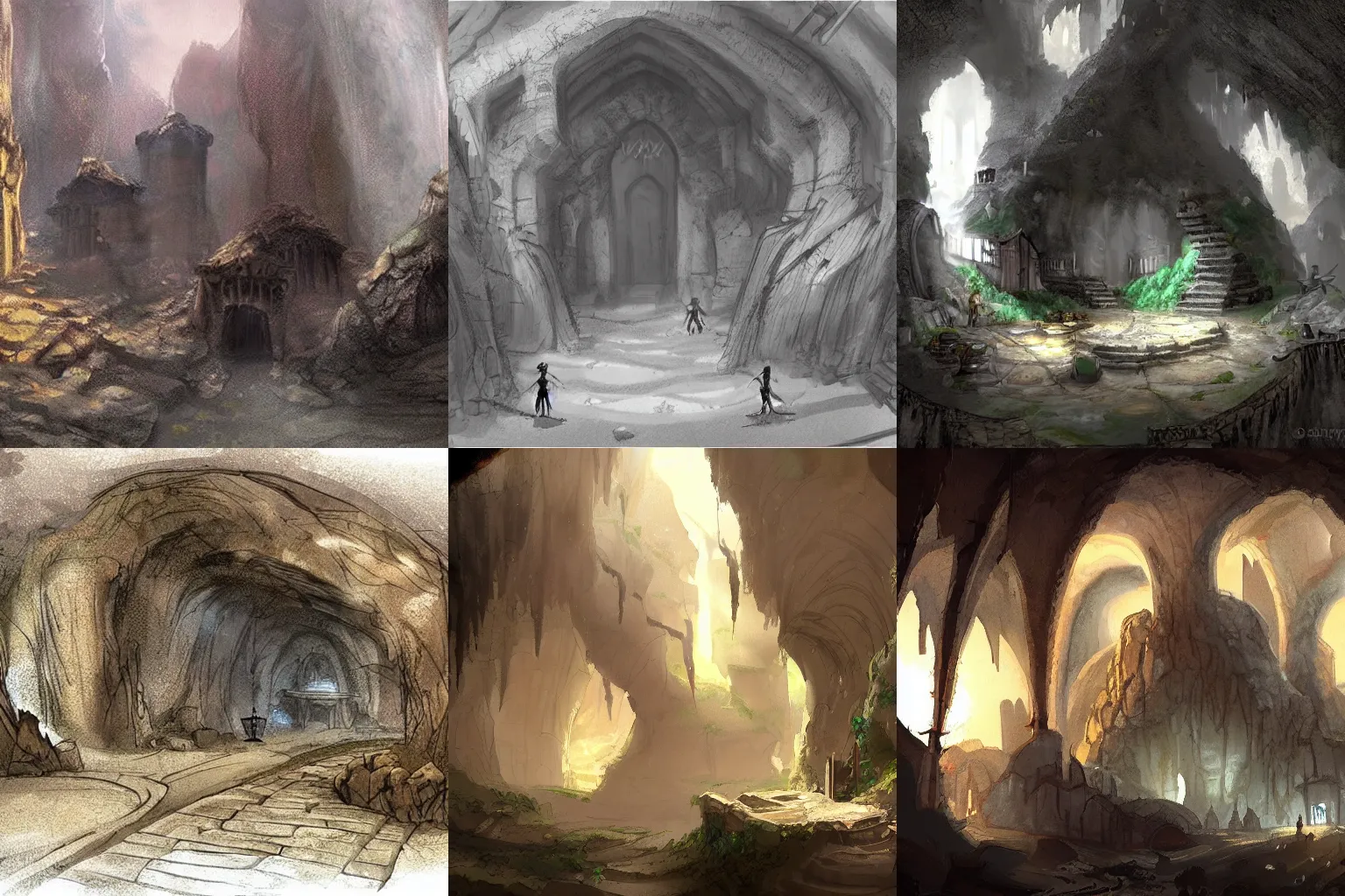 Prompt: A medieval village hidden deep within a giant cave. Concept art, fantasy.