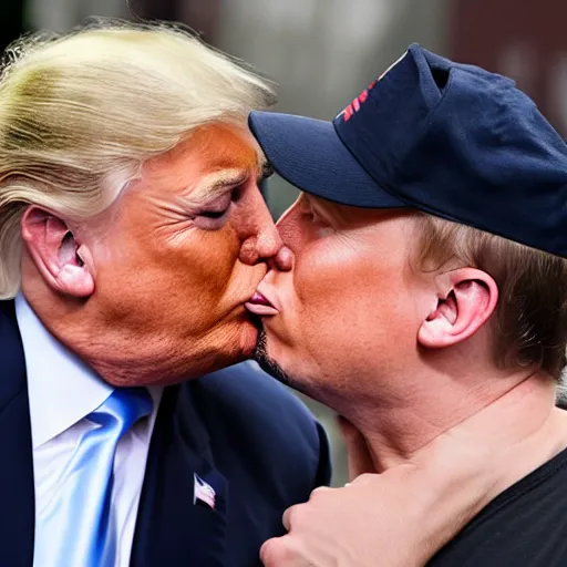 Image similar to a detailed photograph of elon musk kissing donald trump