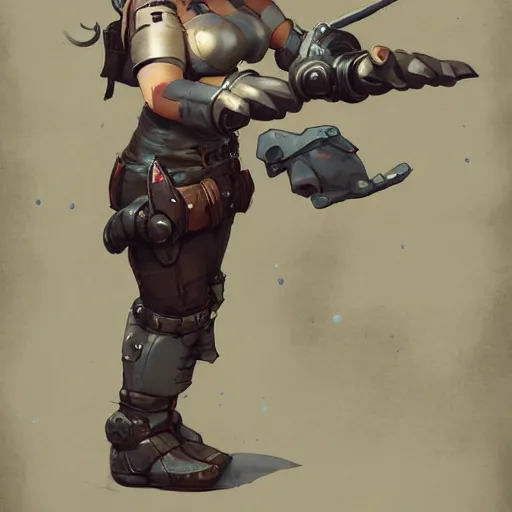 Image similar to Full body portrait of a scrappy female gnome mechanic with pixie undercut hair and one prosthetic metal gauntlet arm standing on a ship deck. In style of Greg Rutkowski and Yoji Shinkawa and Hyung-tae Kim, trending on ArtStation, dark fantasy, great composition, concept art, highly detailed
