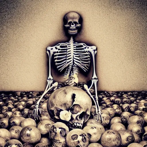 Prompt: A skeleton sitting on a throne of crystal balls and clutching a human skull, moody, horrifying, 8k, nightmare