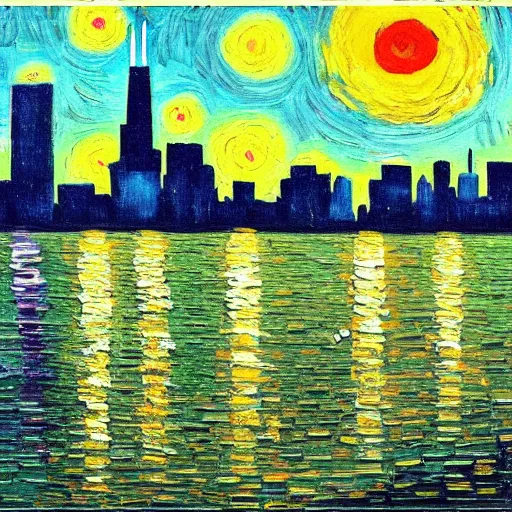 Prompt: painting of the chicago skyline in the style of van gogh