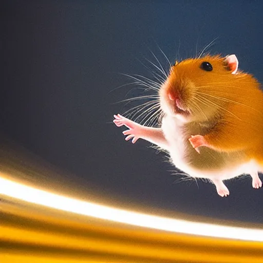 Image similar to hamster flying at the speed of light, colorful, realistic, national geographic