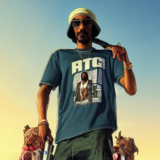 Image similar to Snoop Dog loading screen for Grand Theft Auto 5, intricate, highly detailed, digital painting, artstation, concept art, sharp focus, illustration, art by greg rutkowski and alphonse mucha