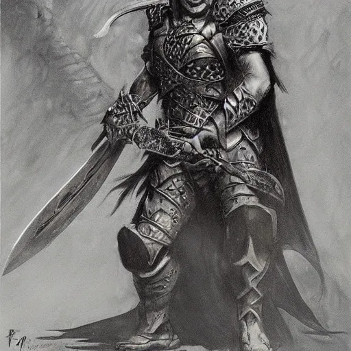 Image similar to portrait of a waifish goth wearing armor and holding sword by frank fazetta, fantasy, barbarian