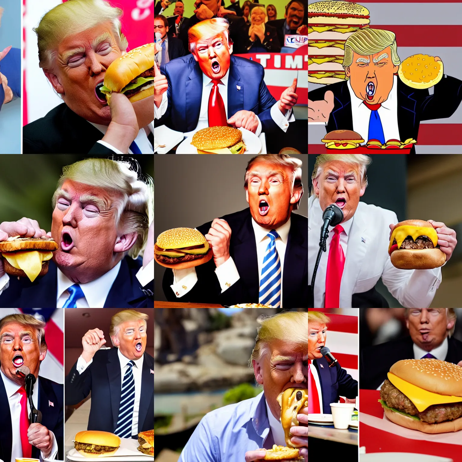 Prompt: donald trump eating a cheeseburger with his mouth wide open