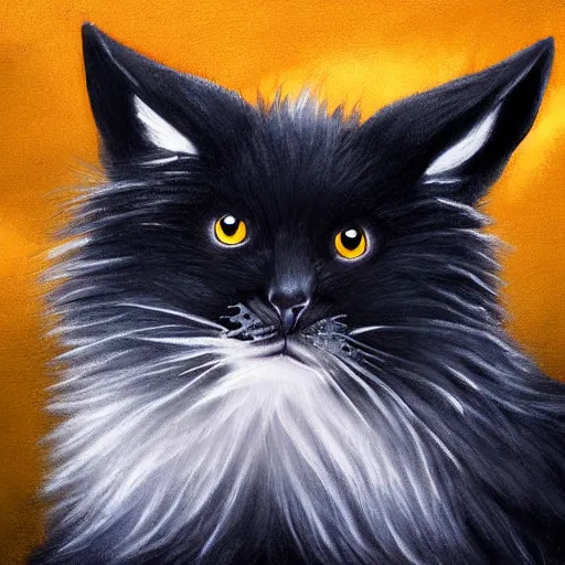 Prompt: cute fluffy bat with black cat face with big gold eyes hybrid animal detailed painting 4 k