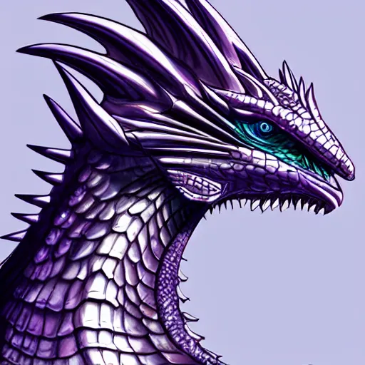 Image similar to a 128 foot tall elegant female silver scaled western dragon with purple accents; The scales smooth and streamlined, while having a sleek and sharp crest; two eyes bright blue; the snout sharp and pointed, yet sleek and elegant; close-up bust, high quality 16k digital art, deviantart, furaffinity