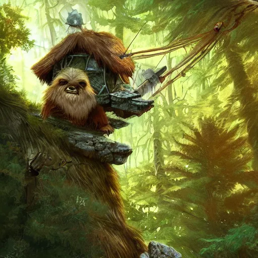 Image similar to adventurous ewok exploring the connected treehouses on top the tall wooded forest, artstation, colorful