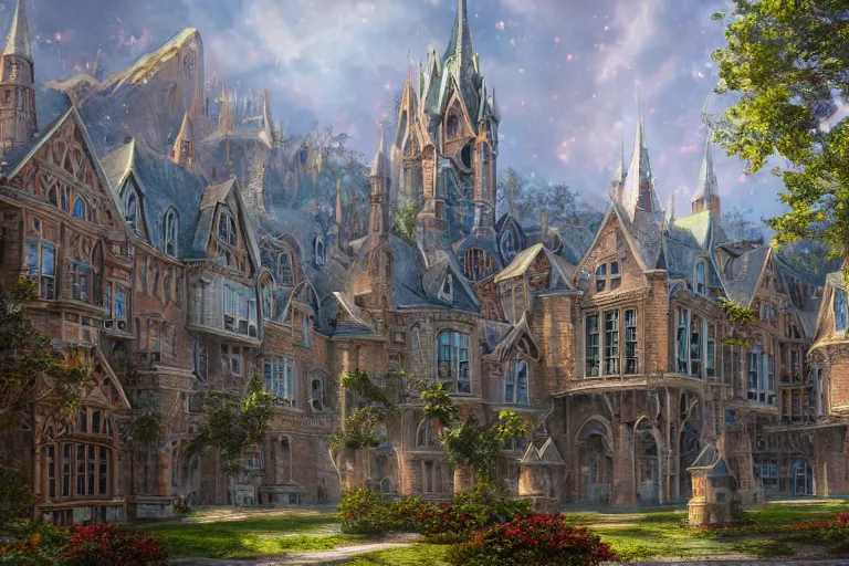 Prompt: A magical college viewed from the outide, texture, intricate, details, highly detailed, masterpiece, architecture, building, trending on artstation, focus, sharp focus, concept art, digital painting, fantasy, sunny, day, midday, in the style of Wizards of the Coast